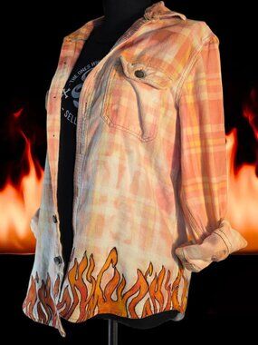 Denim & Flower Vintage‑Inspired Flame Shirt — Size Large